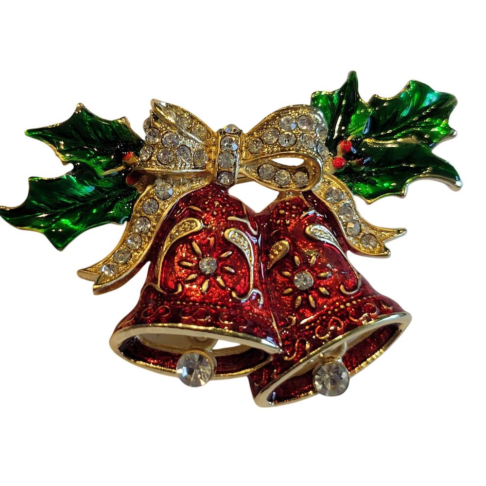 Vintage Christmas Bells Brooch Red Enamel Green Holly Gold Tone Rhinestone Bow